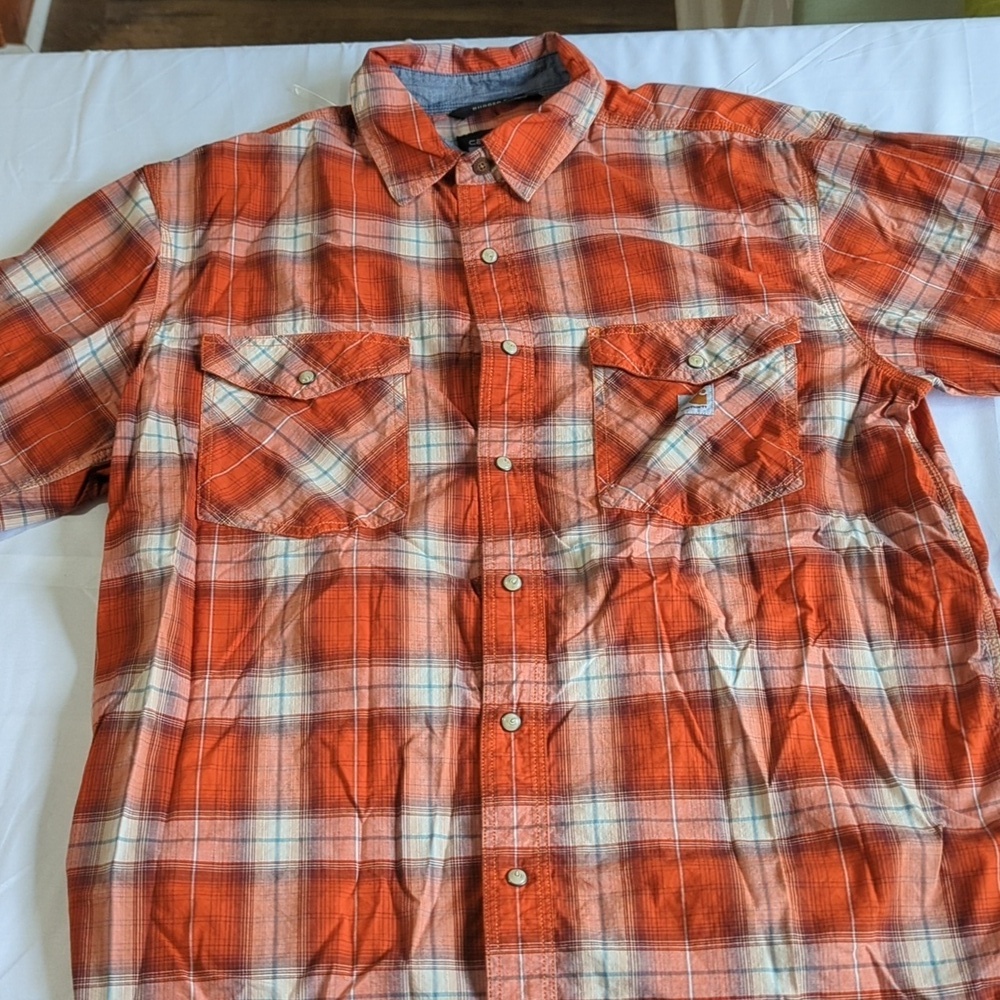 Carhartt Men's Orange Plaid Casual Shirt RUGGED FLEX L